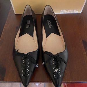 Michael Kors Womens Ballet Flats Black Leather Lace Up Pointed Toe Slip On 8 M